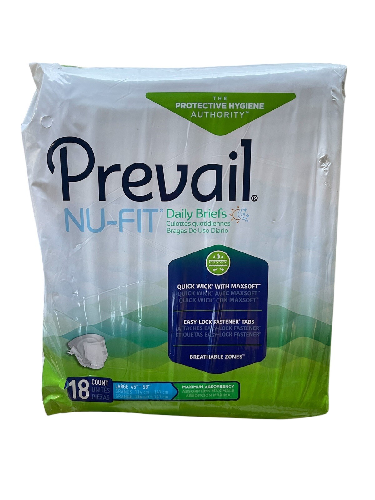 Set of 3 Prevail Nu-Fit Adult Brief Diaper, LARGE, Max Abs. Pack of 18 New