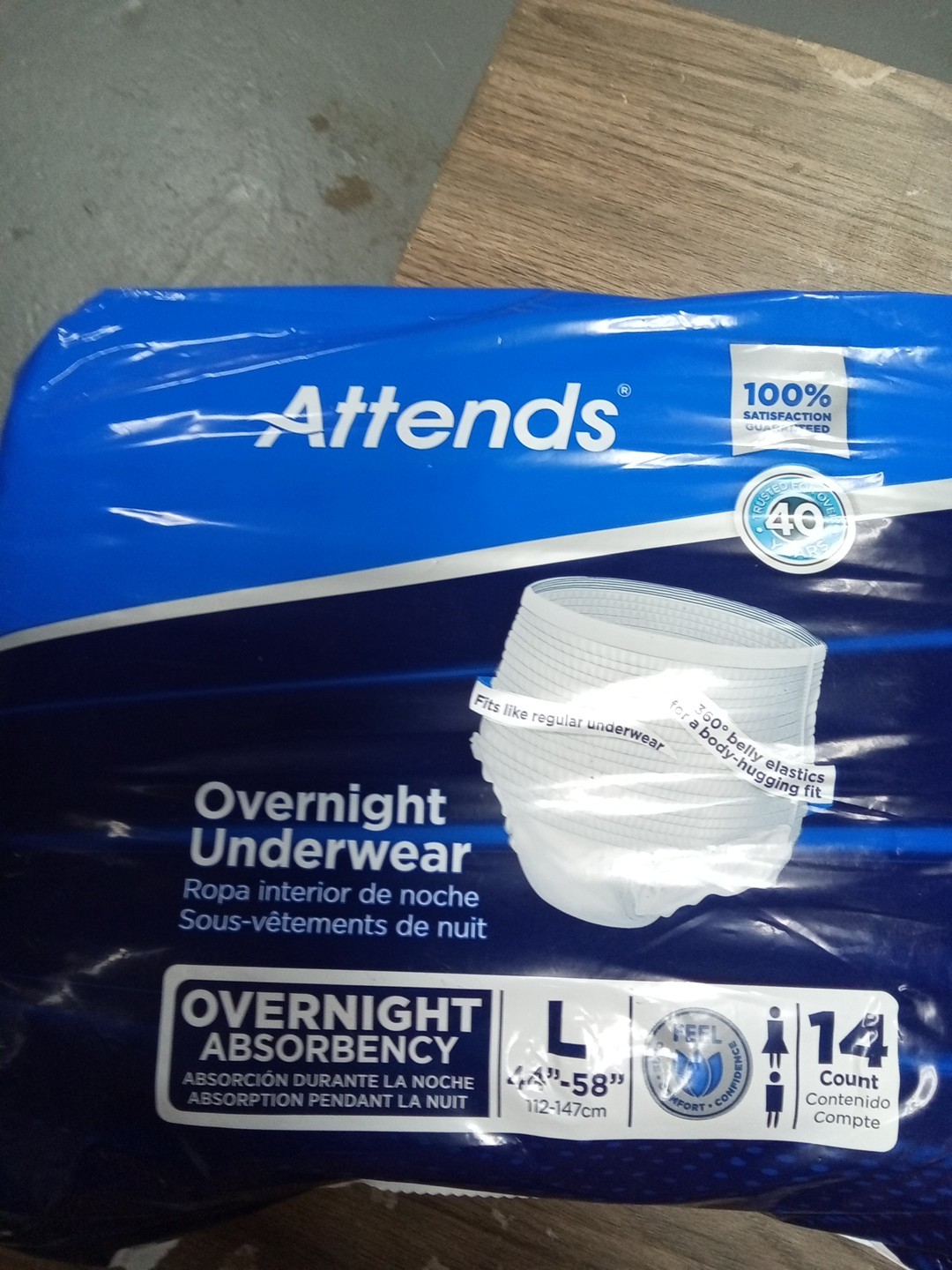 Attends Overnight Underware Size L 44”-58” Maximum Absorbency 292 Dt