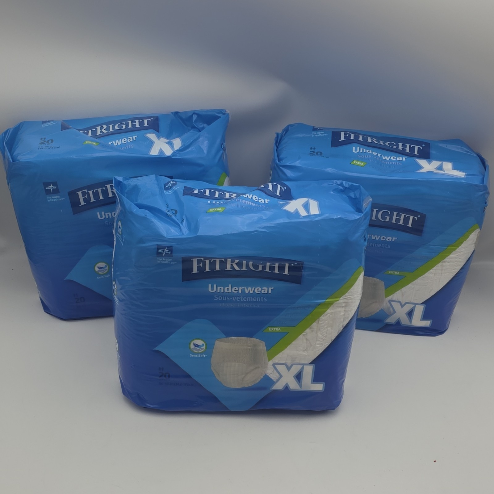 Lot Of 3 FitRight Incontinence Pants XL Extra Absorbency 20 Ct Blue Unisex Adul