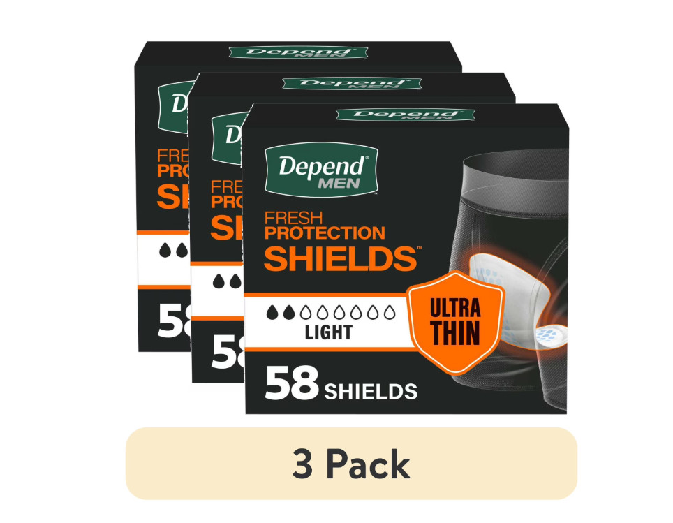 (3 pack) Depend Shields Incontinence Pads for Men, Light Absorbency, 58 Count