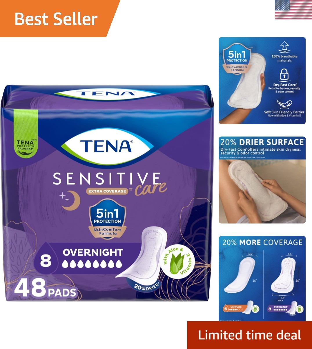TENA Sensitive Care Overnight Incontinence Pads for Women – Extra Coverage, 48ct