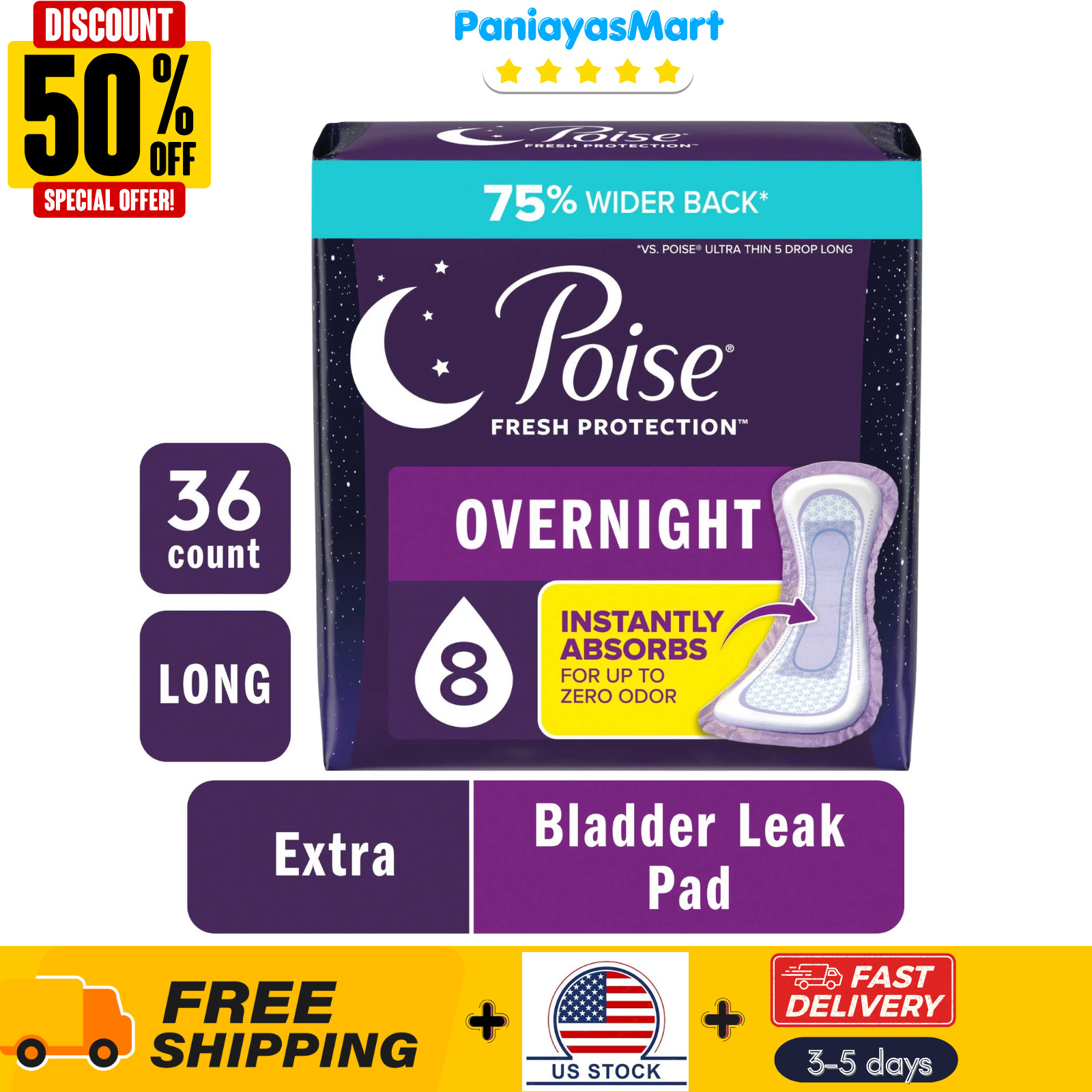 Poise Overnight Incontinence & Postpartum Pads for Bladder Leaks, 36 Count