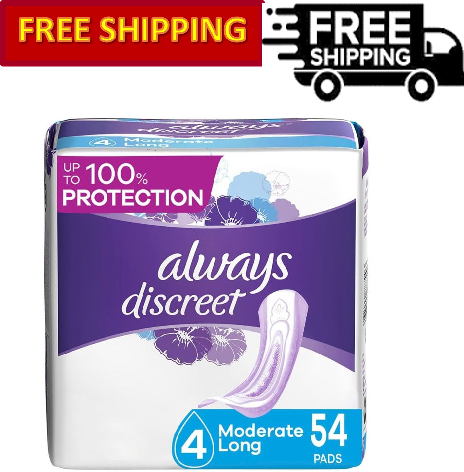 Always Discreet Adult Moderate Long Incontinence Pads for Women, Size 4-54 Count