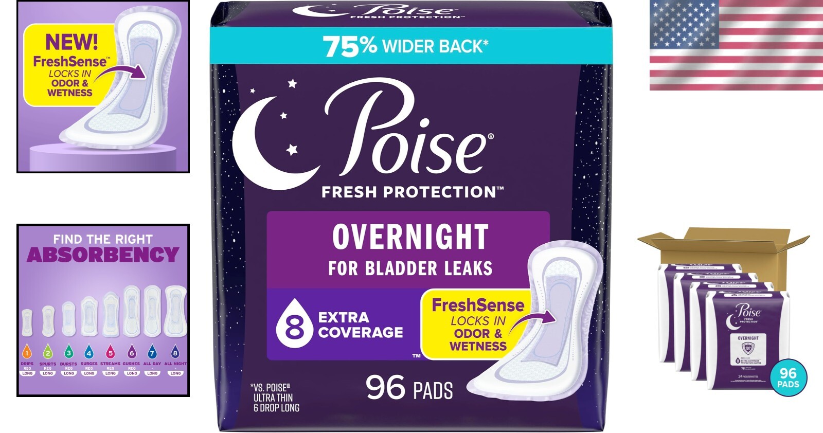 96 Count Overnight Incontinence Pads with 8 Drop Extra Coverage – 12 Hr Dryness