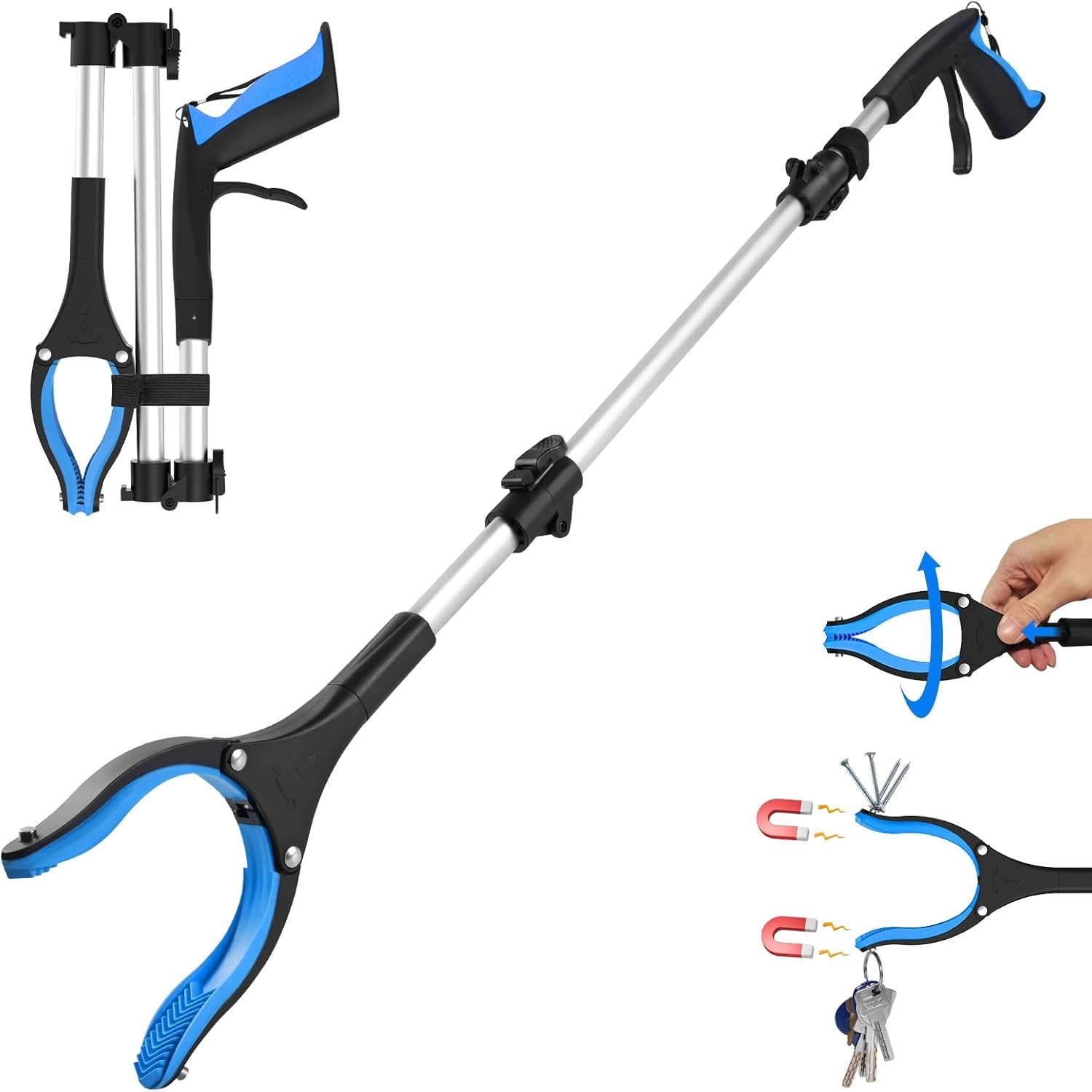 36 Inch Foldable Grabber Reacher Tool Anti-Slip 360° Rotating Jaw Magnetic Tip