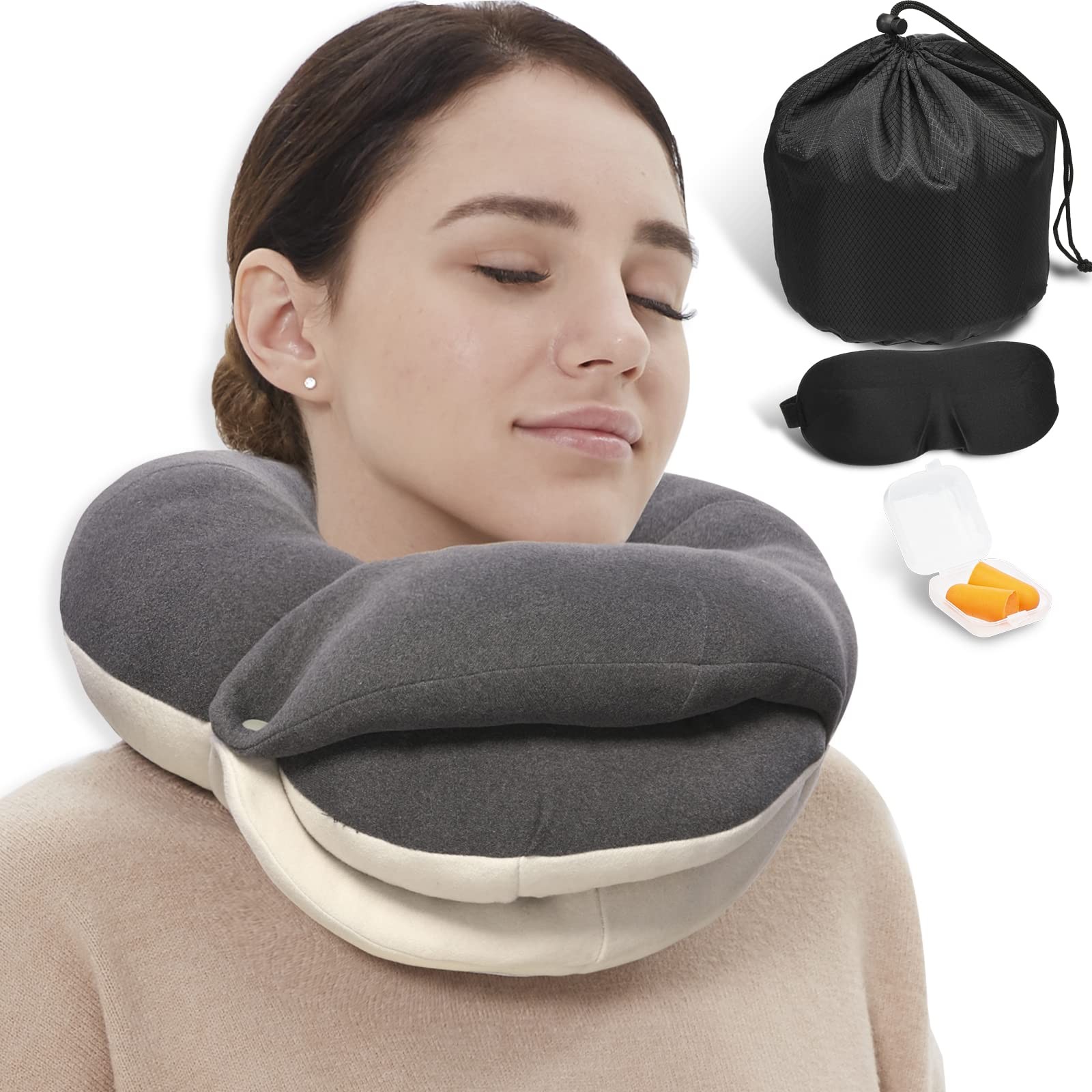 BUYUE Travel Neck Pillows for Airplanes, 360° Head Support Sleep Adult, Grey