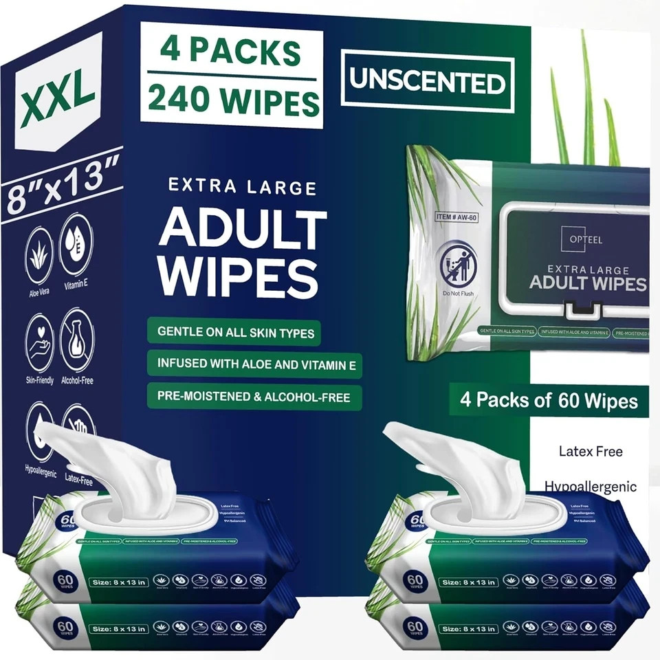 Adult Wipes for Elderly 8″x13″ 240ct 4 Packs of 60 Large Soft Body Wipes