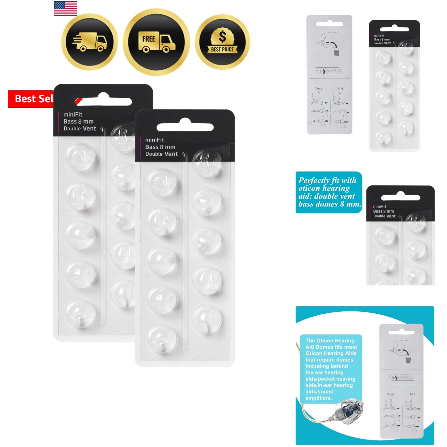 Hearing Aid Domes for Oticon Replacements, Oticon Minifit Double Vent Bass Do…