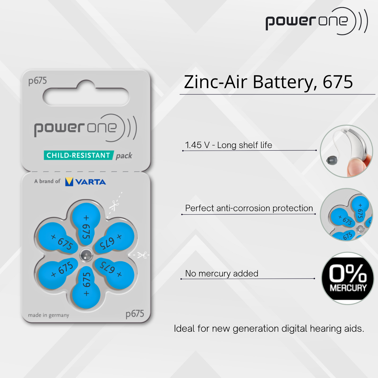 Power One PR44 Size 675 MF 0%Hg Zinc Air Hearing Aid Batteries (12 Pack)