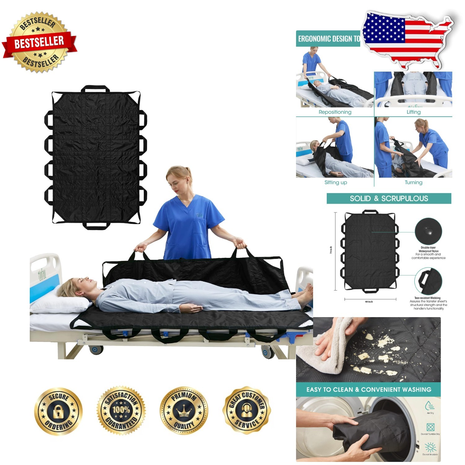 Heavy-Duty Waterproof Patient Transfer Sheet 70″x40″ – Reinforced Handles, 53…