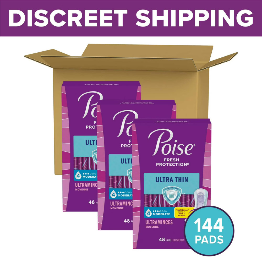 Poise Ultra Thin Incontinence Pads, Moderate 4 Drop, Regular Length, 144 Count