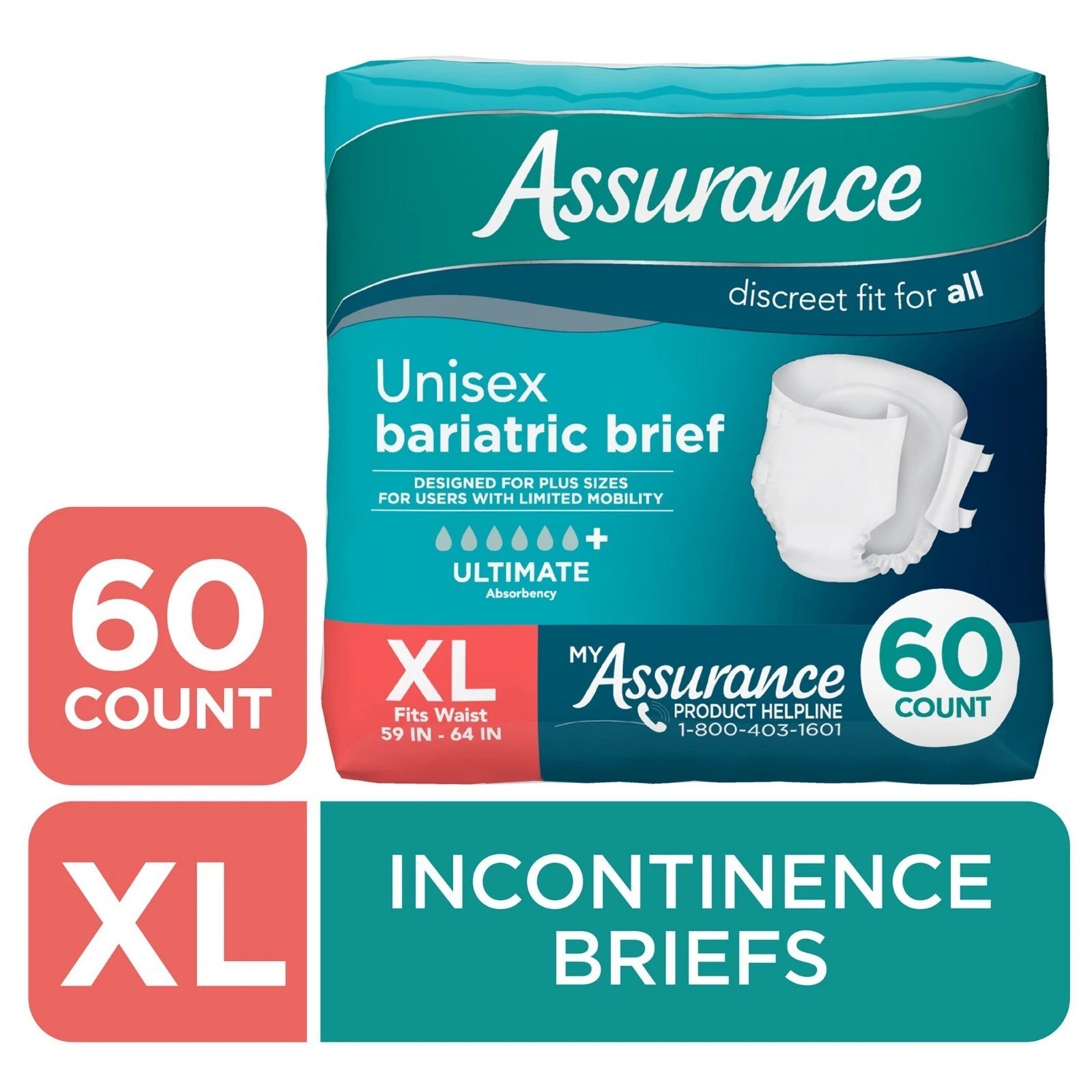 Assurance Unisex Incontinence Briefs with Tabs, Maximum Absorbency XL (60 Count)