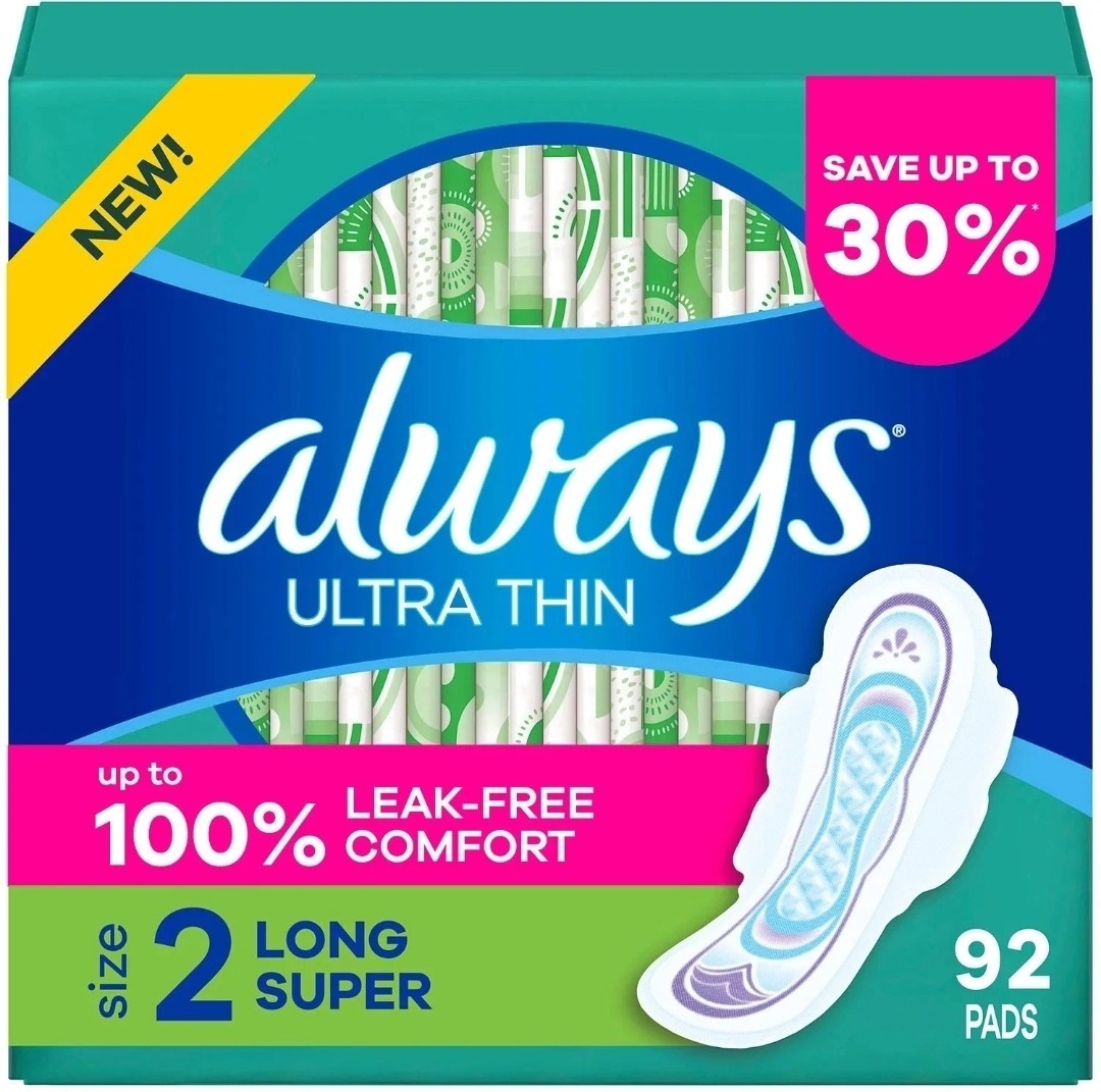 Always Ultra Thin Long Super Pads with Wings, Size 2, 92 Count
