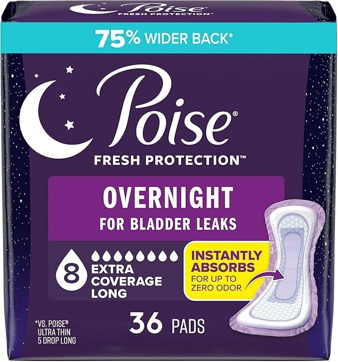 Poise Overnight Incontinence & Postpartum Pads for Bladder Leaks, Long, White
