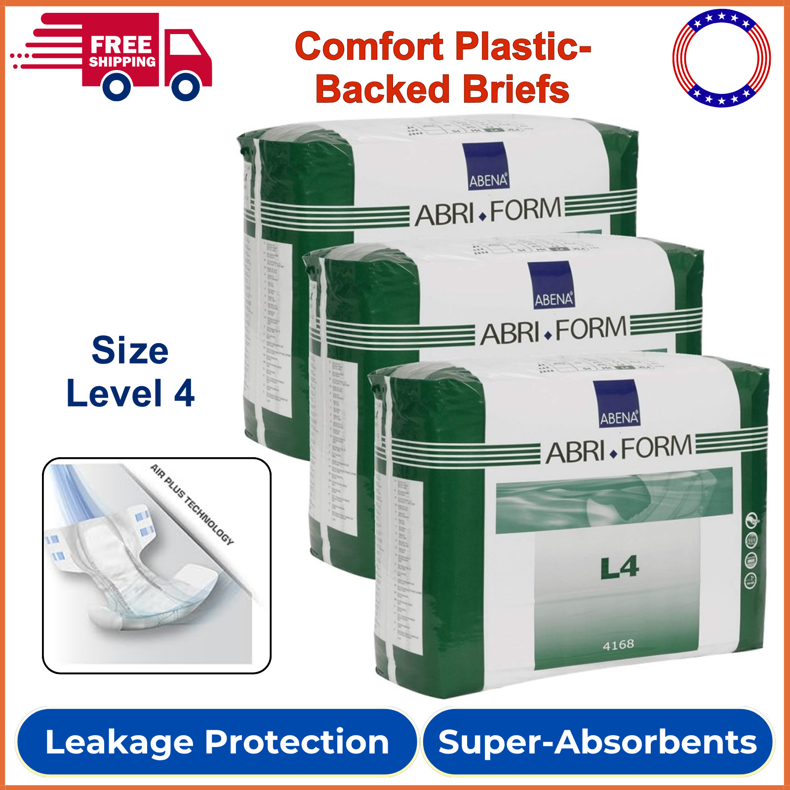 Abena Abri-Form Comfort Plastic-Backed Incontinence Brief, Level 4, Large, 36 Ct
