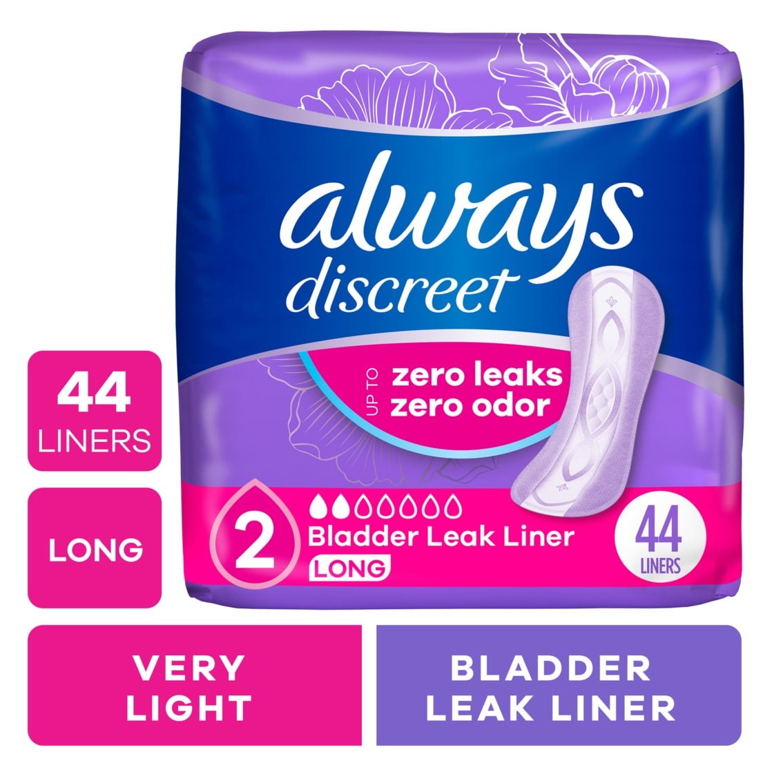 Always Discreet Panty Liners for Bladder Leaks, Size 2 44 Count