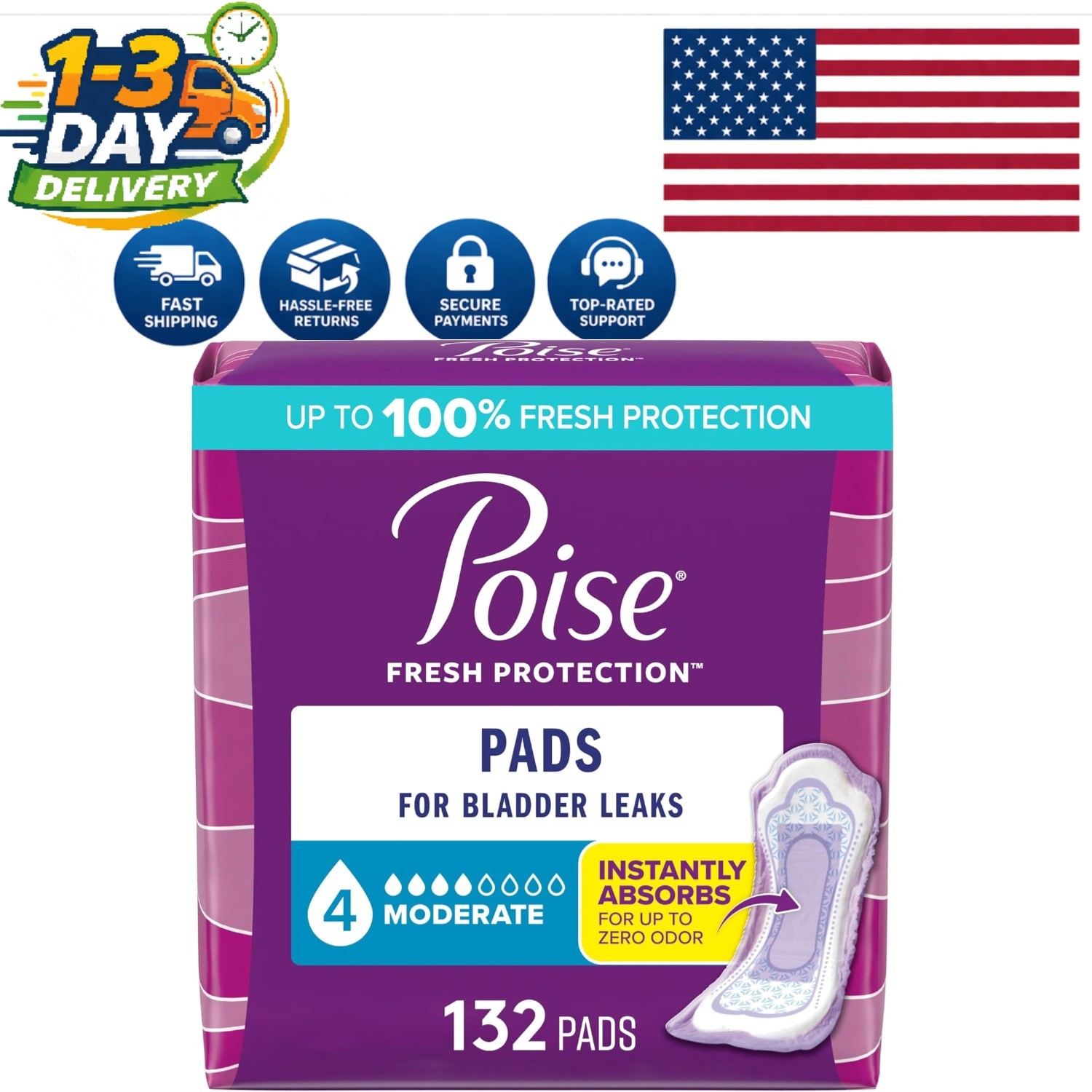 Poise 132 Count Bladder Leak Pads – 4 Drop Moderate Absorbency & Odor Control