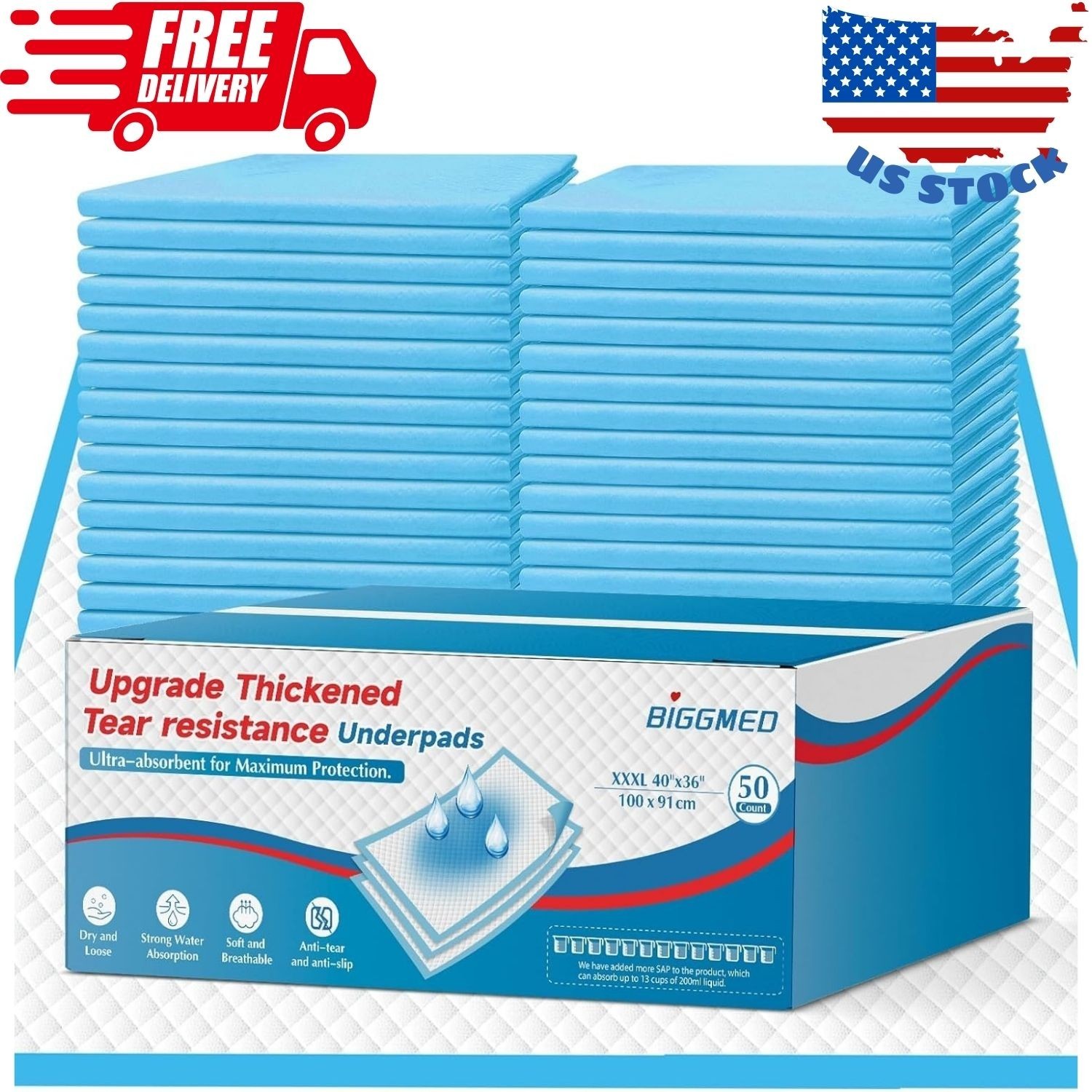 Tear-Resistant Incontinence Bed Pads 40” x 36” (50 Count ) with 130 Gram Heavy