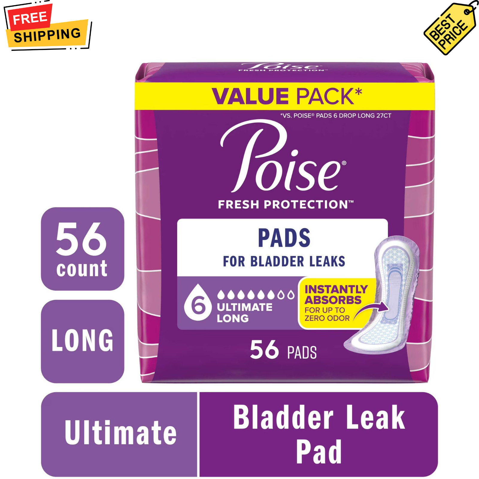 Poise Ultimate Absorbency Incontinence Pads Long 56 Count