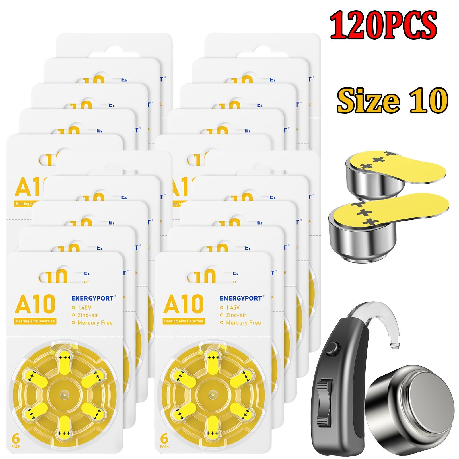 120 Pack ENERGYPORT Size 10 Hearing Aid Batteries 1.45V Zinc air Mercury free