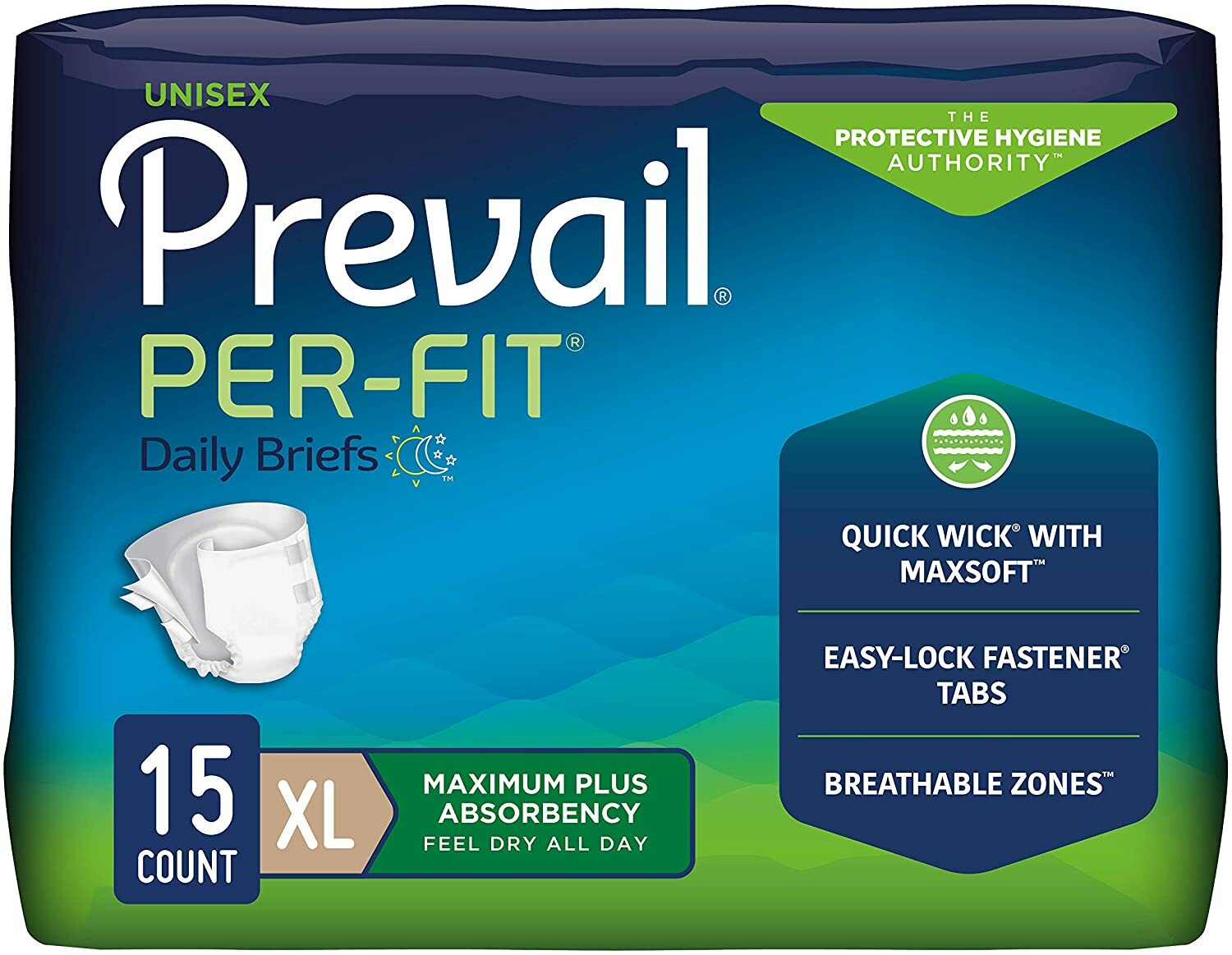 Prevail Per-Fit Adult Briefs X-Large 59” – 64” – Bag of 15, #PF-014/1, 2 Pack