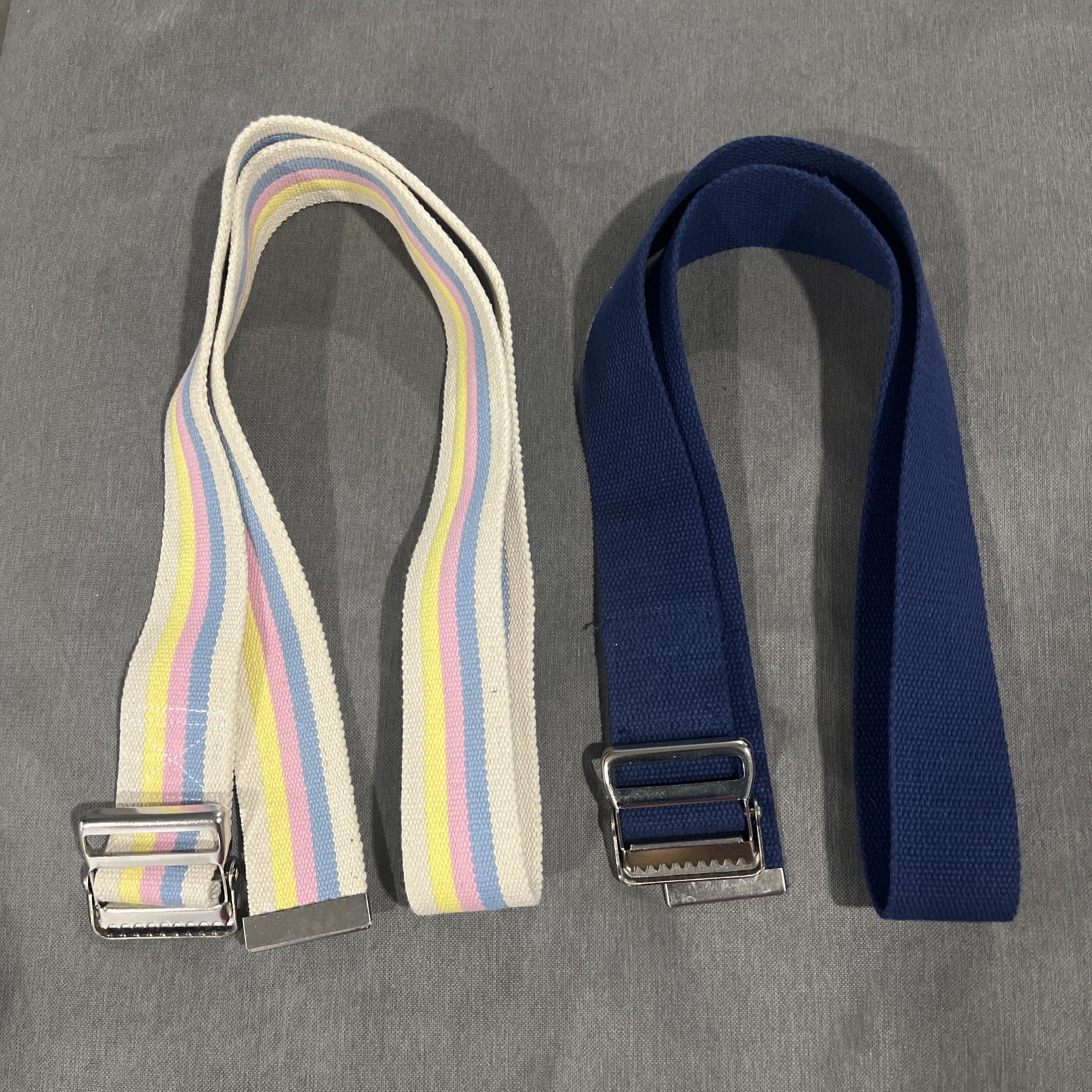 Lot of 2 Gait Belt w/Metal Buckle 60” & 55” Striped Rainbow and Navy Blue EUC