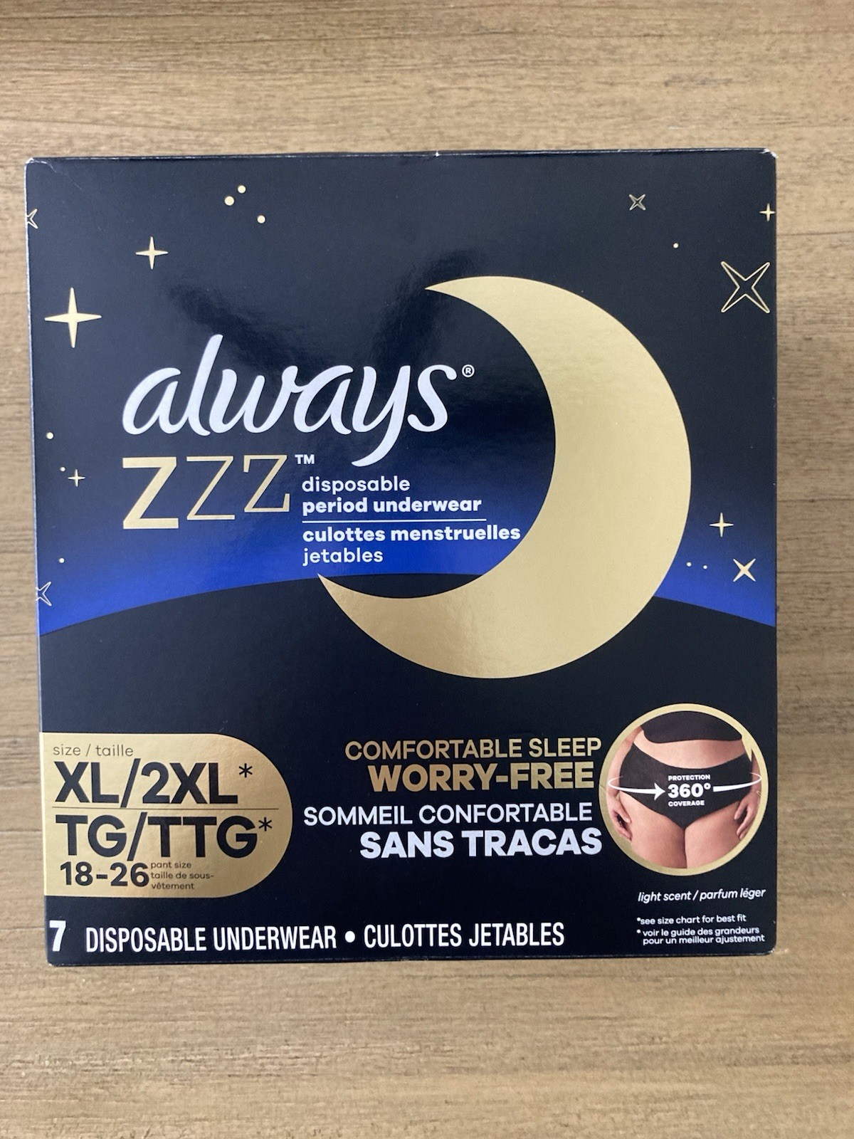 Always Zzz Disposable Period Underwear Size XL 2XL Pant Size 18–26 7 Count NEW