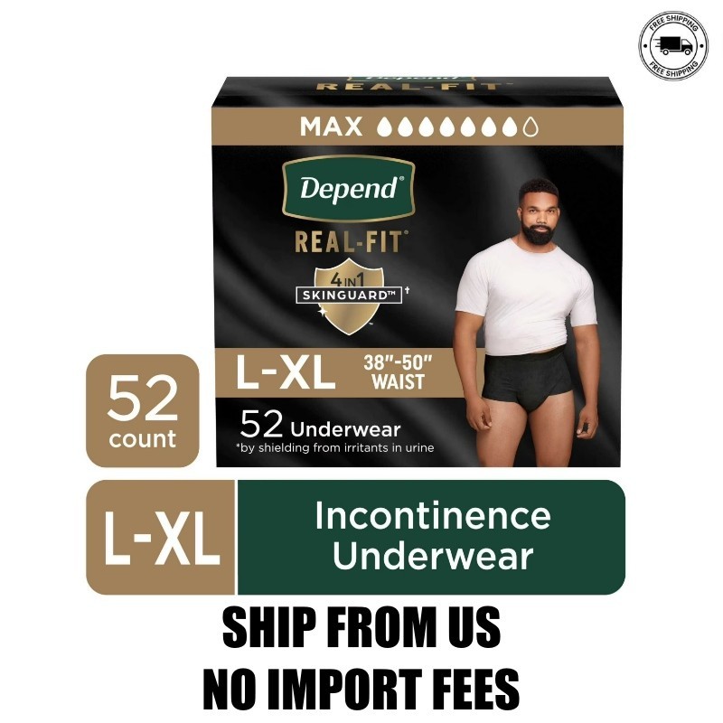 Depend Real Fit Incontinence Underwear for Men, Adult Diapers, L/XL, Black, 52 C