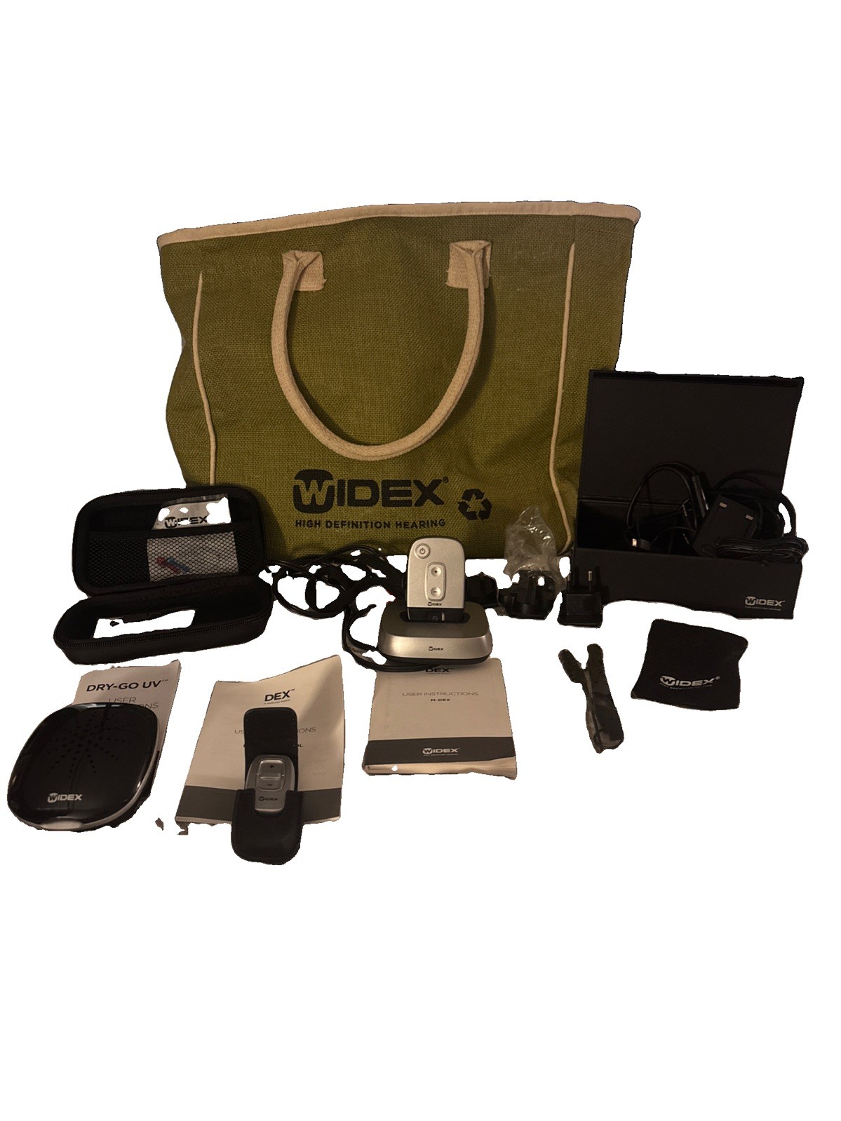 Widex Hearing Aid Supplies Remote Control, Dryer, Tv Streaming. Cases Tote Bag.