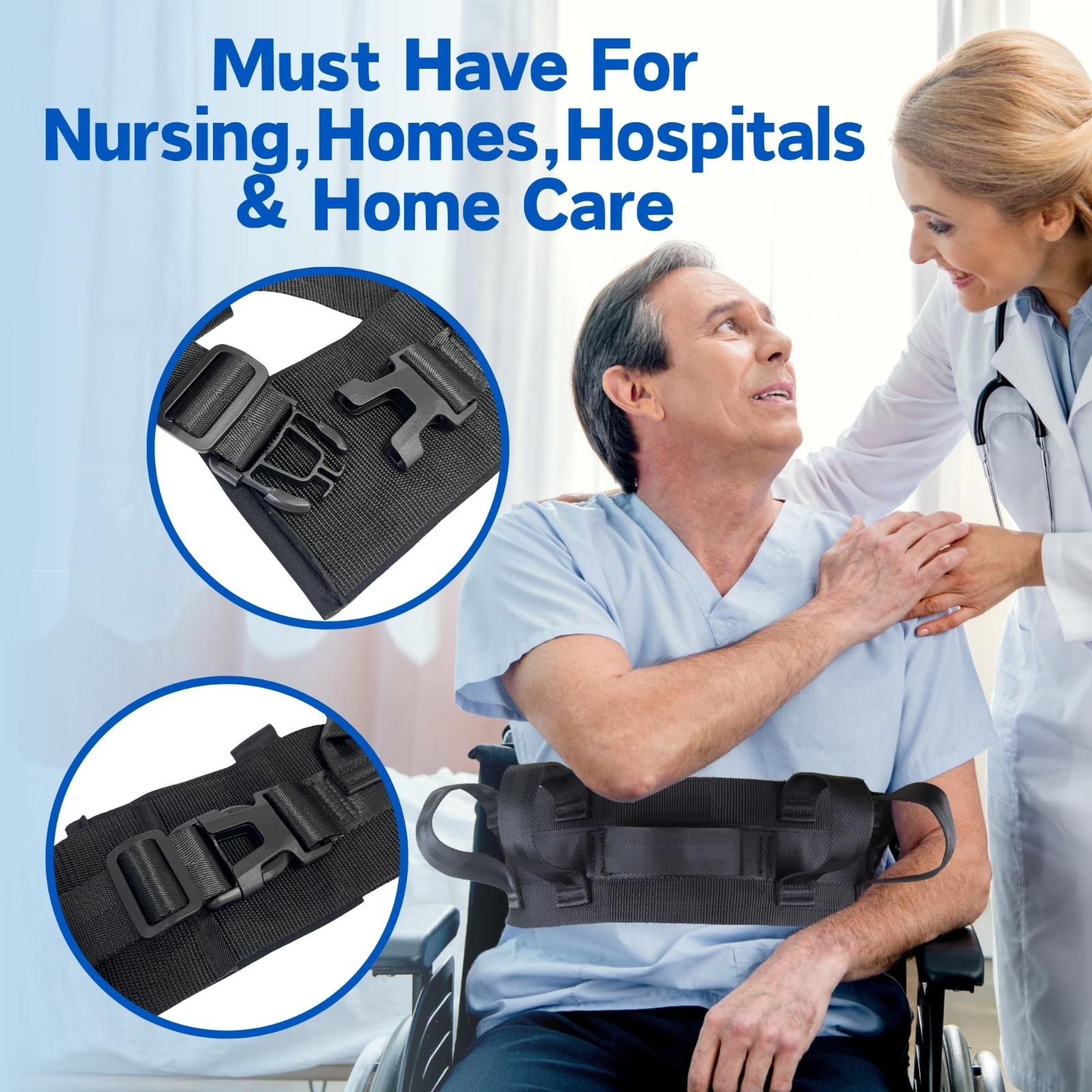 Adjustable Gait Belt with 7 Handles for Seniors, Patient Transfer Safety Lift Be