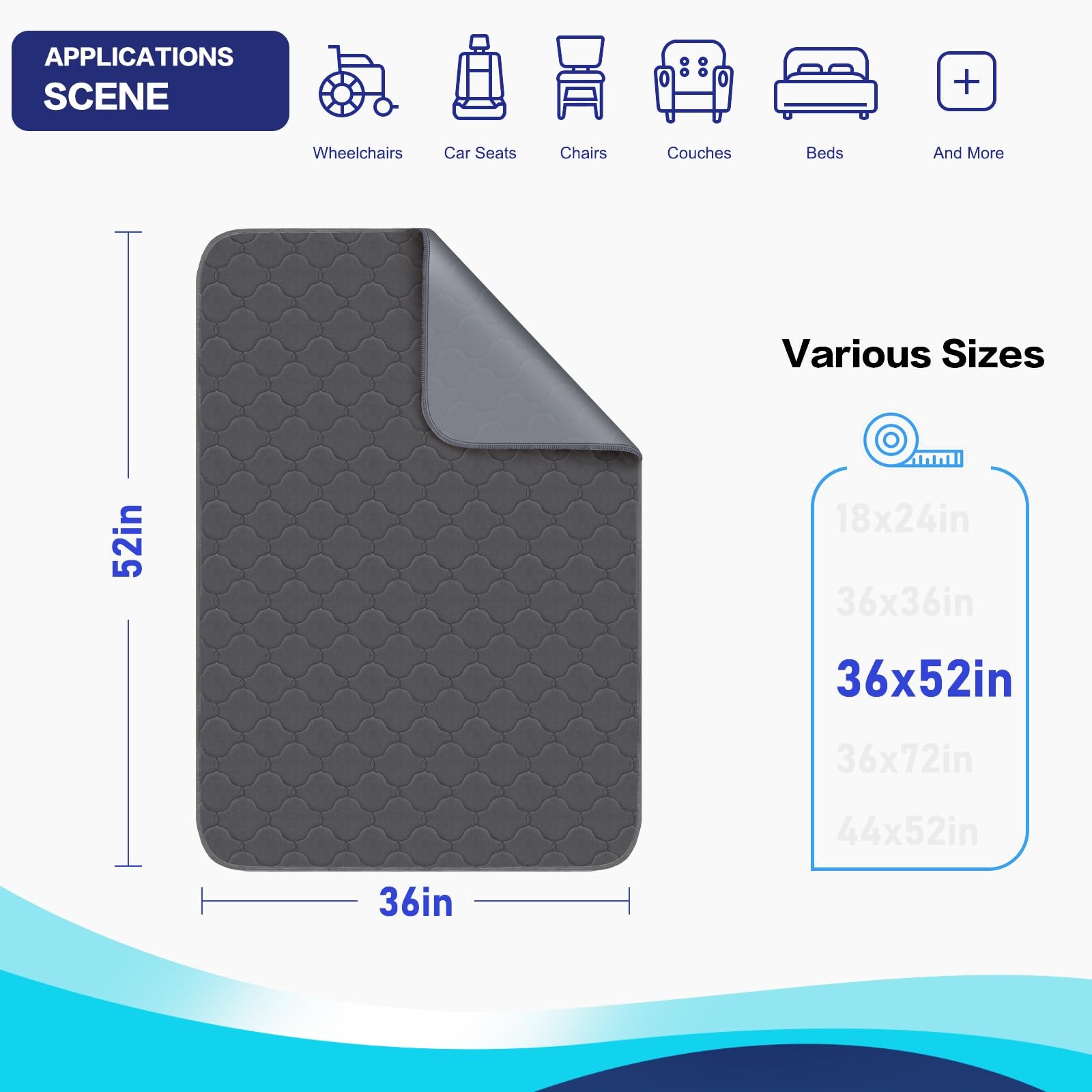 Reusable Hospital Bed Pad Incontinence 36x52in Waterproof Washable Underpad