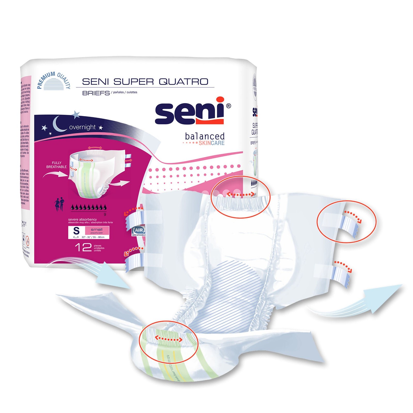 Seni Incontinence Brief Breathable / Overnight S-SM12-BQ1 Severe 12 Ct