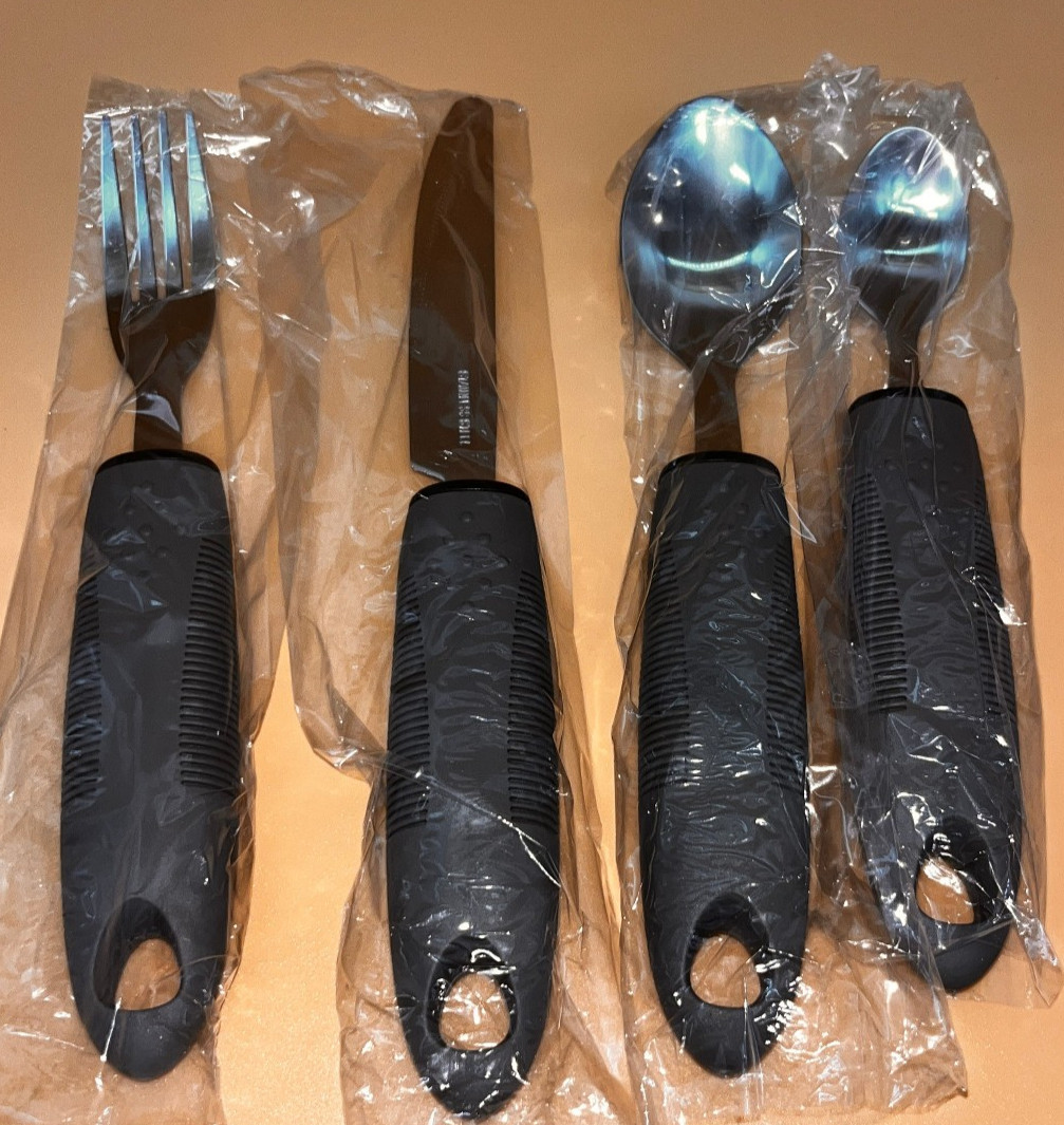 4 PC SET Adaptive Utensils Elderly Arthritis Tremor Easy Grip Cutlery Grey