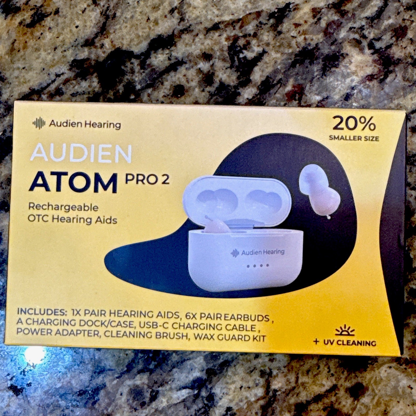 Audien Hearing ATOM PRO 2 Rechargeable Hearing OTC Aids + Case + UV Cleaning