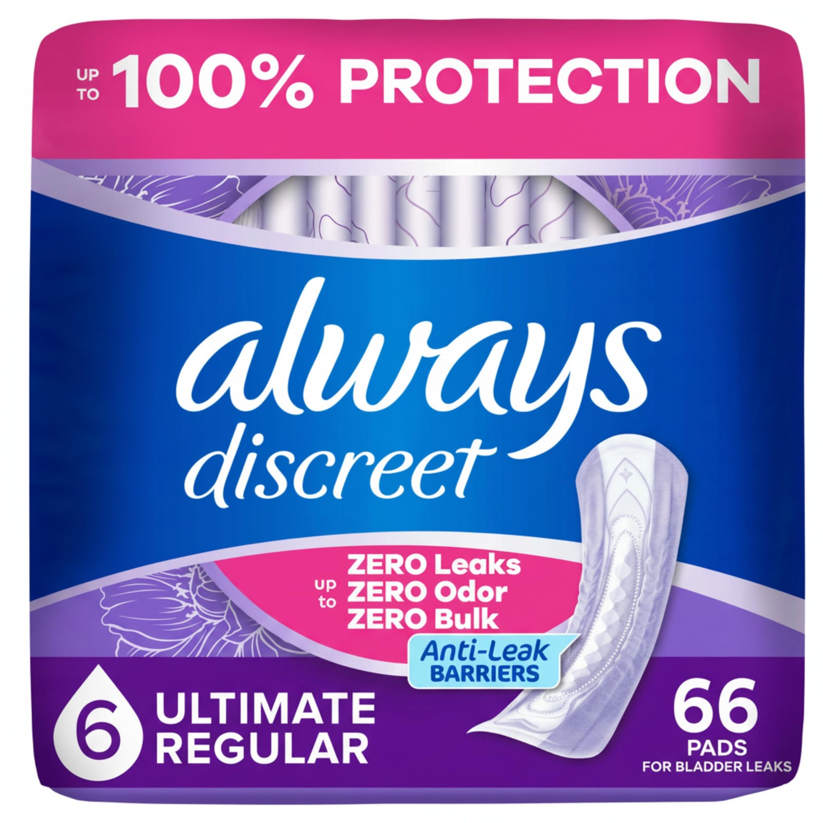 Always Discreet Incontinence Pads for Women, Extra Heavy Absorbency, 66 Count