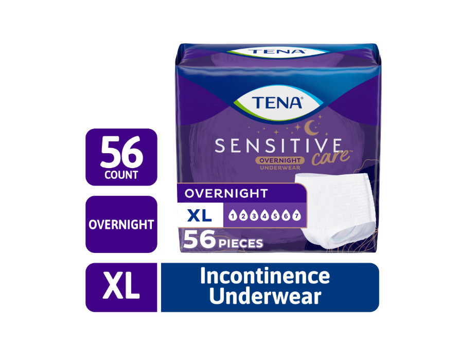 TENA Sensitive Care Overnight Underwear, XL, 56 Count (Waist Size 39in-52in)