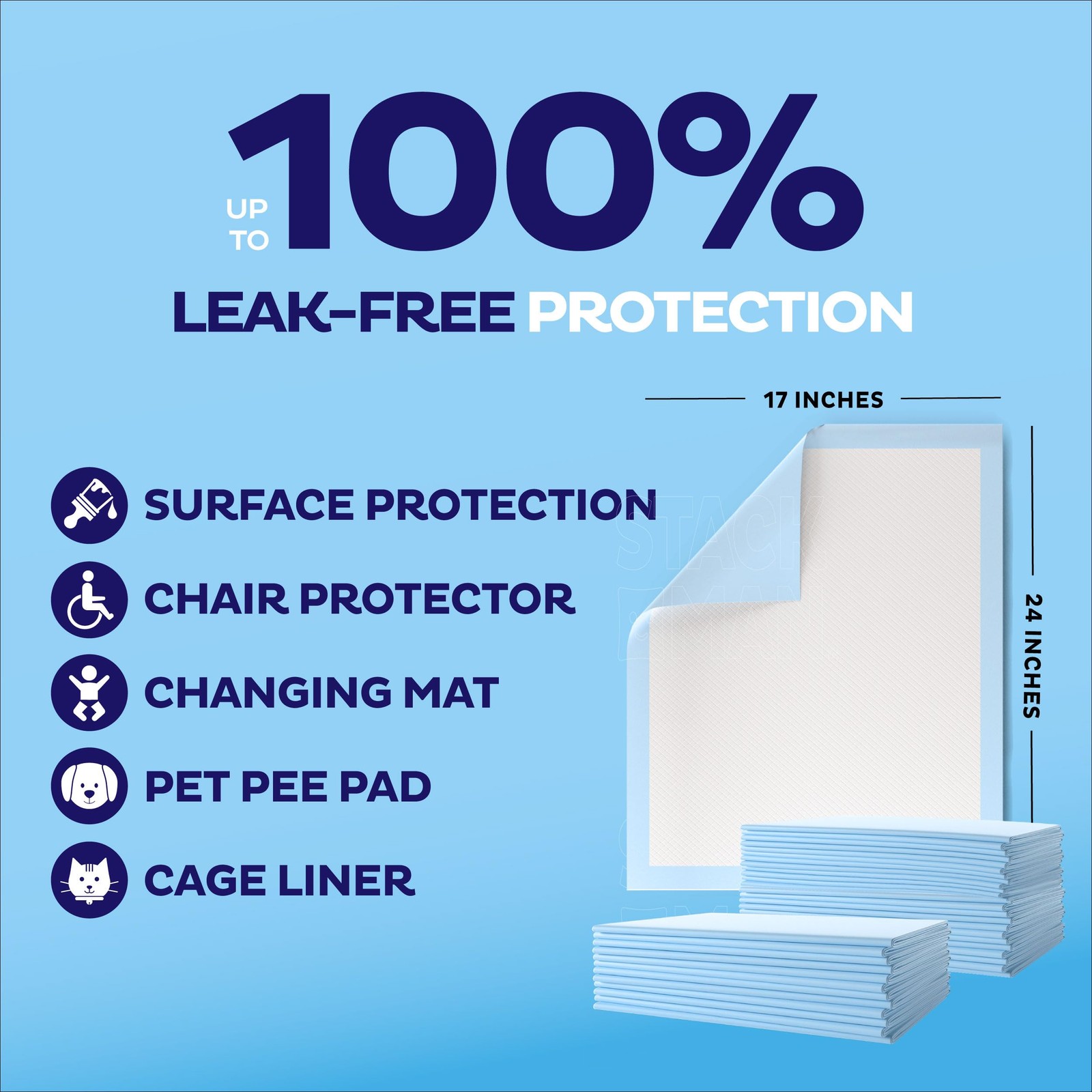Chucks Pads Disposable [50-Pack] Underpads 17″x 24″ – Pee for 17″ X