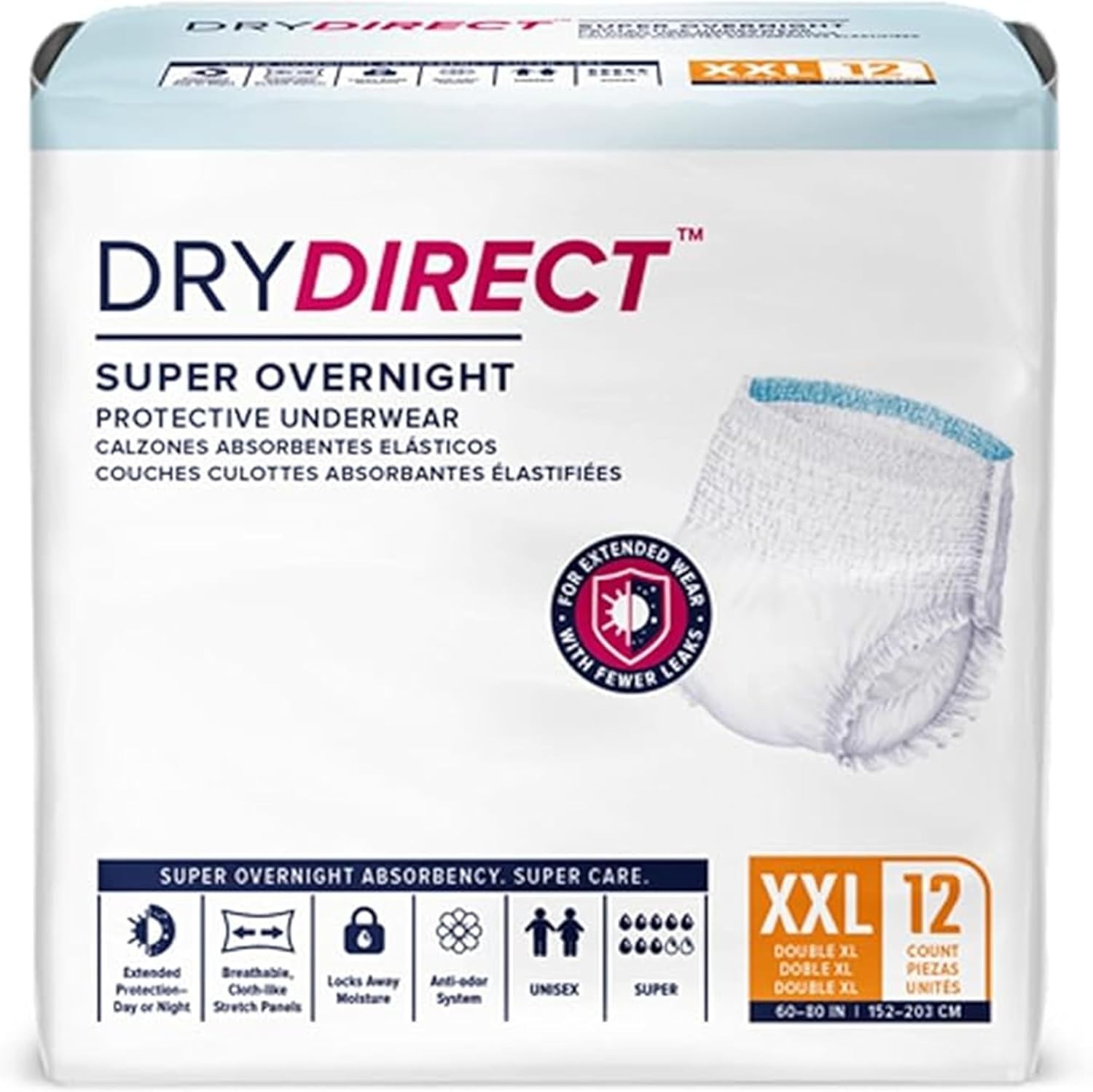 Super Overnight Adult Diapers with Leak Guards & Wetness Indicator – 12 Count