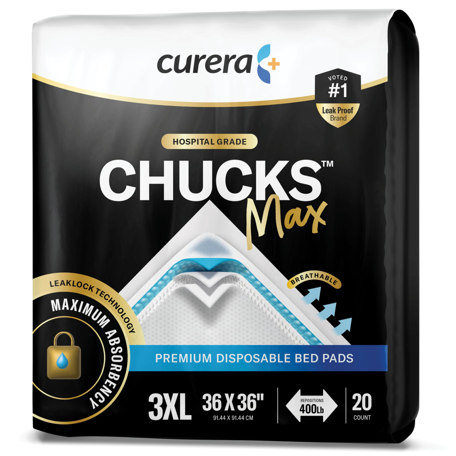 CHUCKS MAX Adult Disposable Bed Pads 3XL (36 x 36″), 400 Lbs. 20 Pads, Packag…