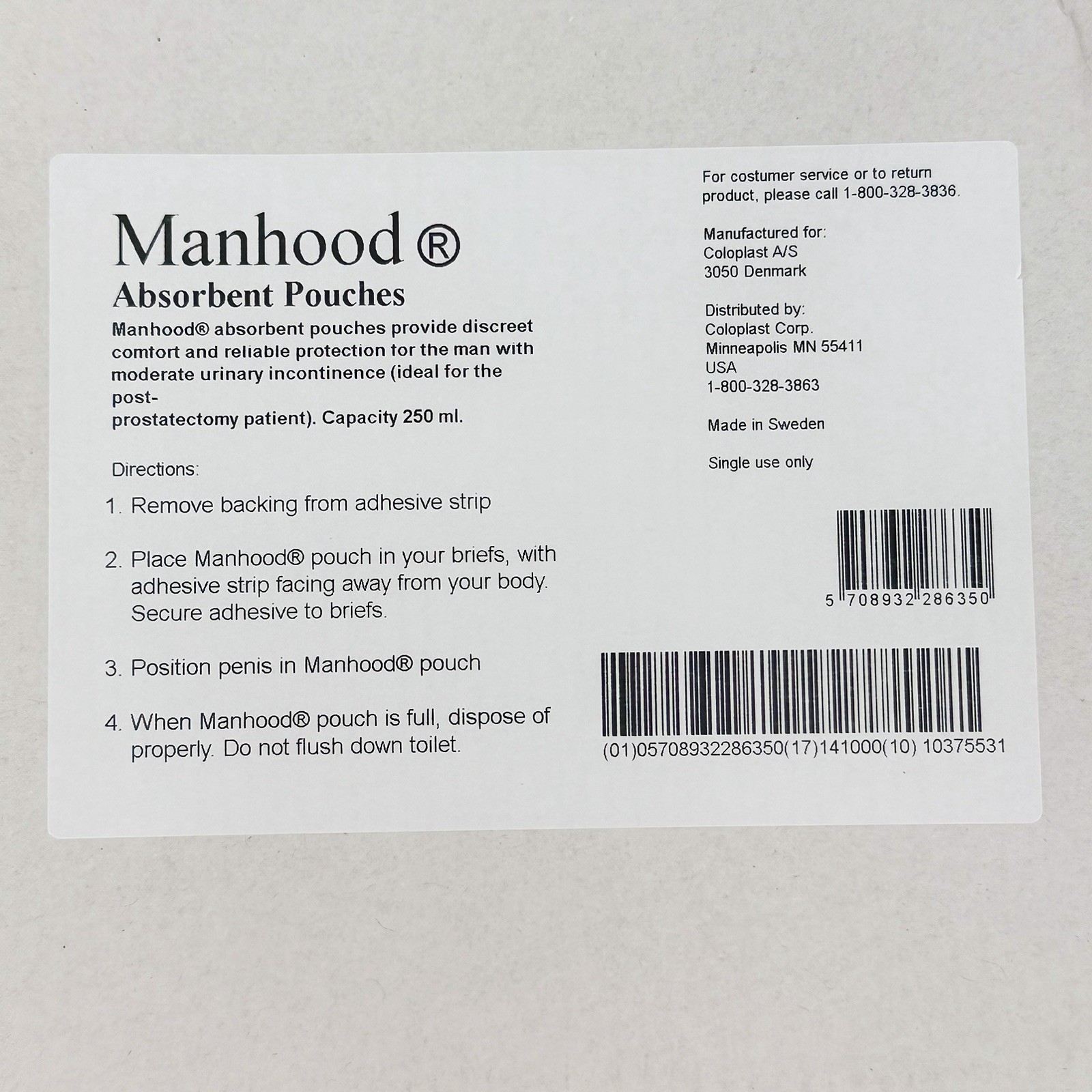Coloplast Manhood Absorbent Pouches REF 27-4200-B 30 Ct Open Box Exp 01/2030