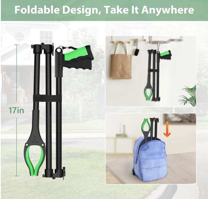 Pinza extensible de 52 pulgadas para recoger objetos sin agacharse. Diseño plega