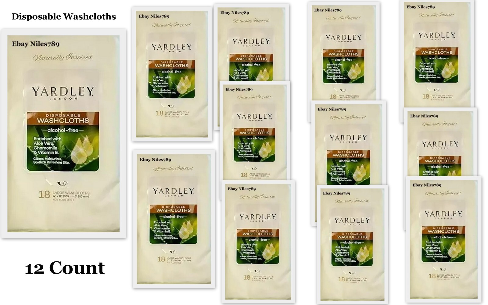 12 PACKS YARDLEY OF LONDON TRAVEL WASHCLOTHS LARGE 18CT Each 216 Total