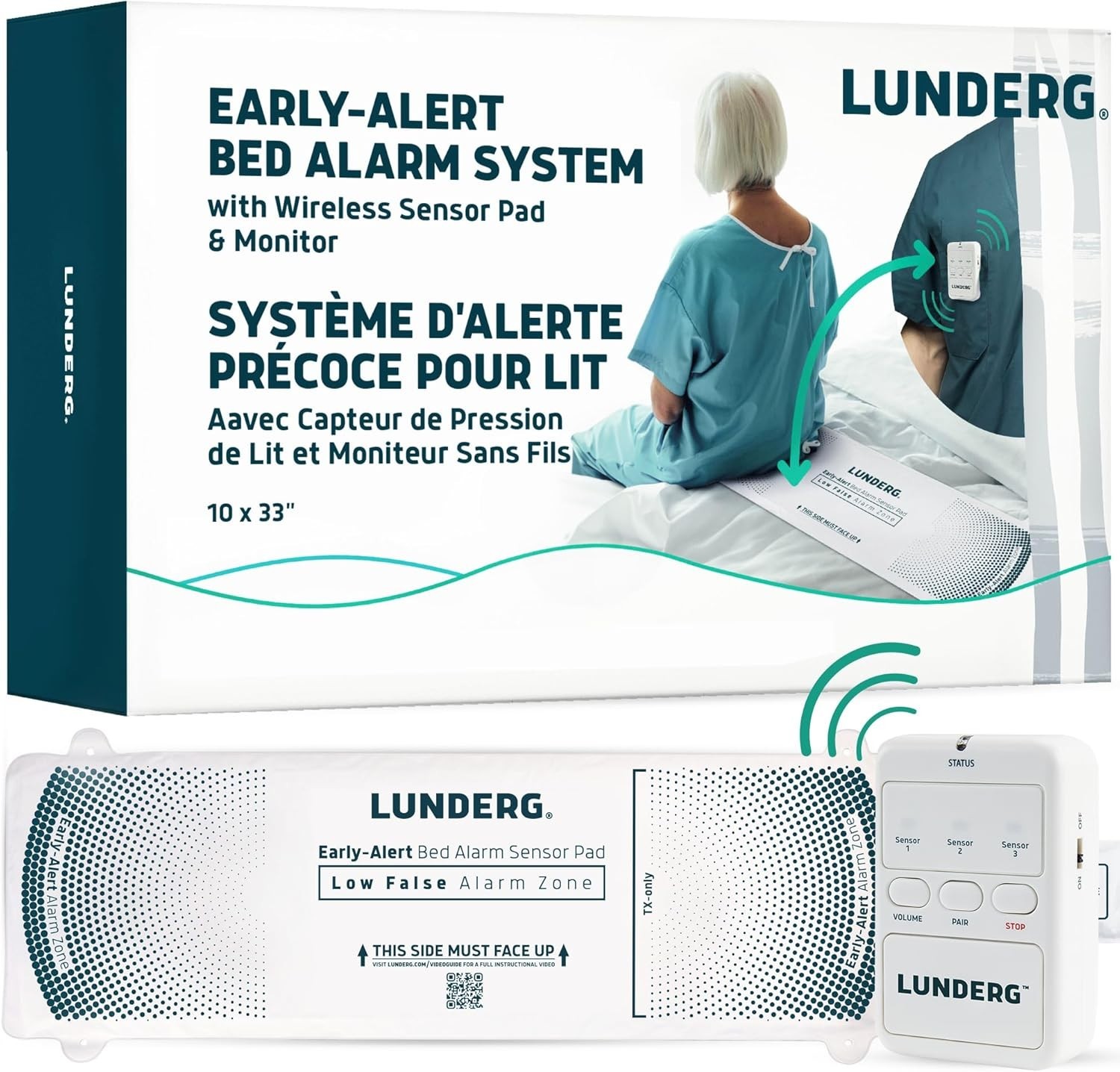 LUNDERG Early Alert Bed Alarm System for Elderly Wireless Sensor Pad & Monitor