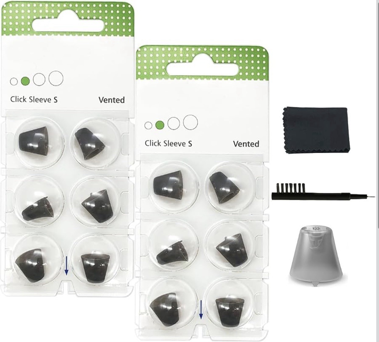 Vented Click Sleeve Hearing Aid Domes w/ Cleaning Brush Tool, Black/Gray