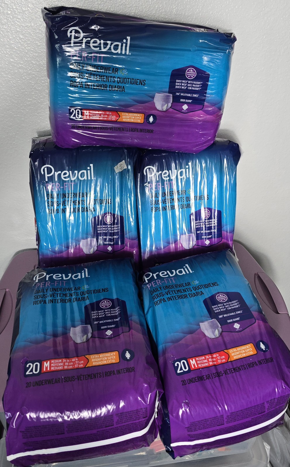 Women’s Prevail Per-Fit Daily Underwear Size Medium 5 Packs of 20 Each = 100