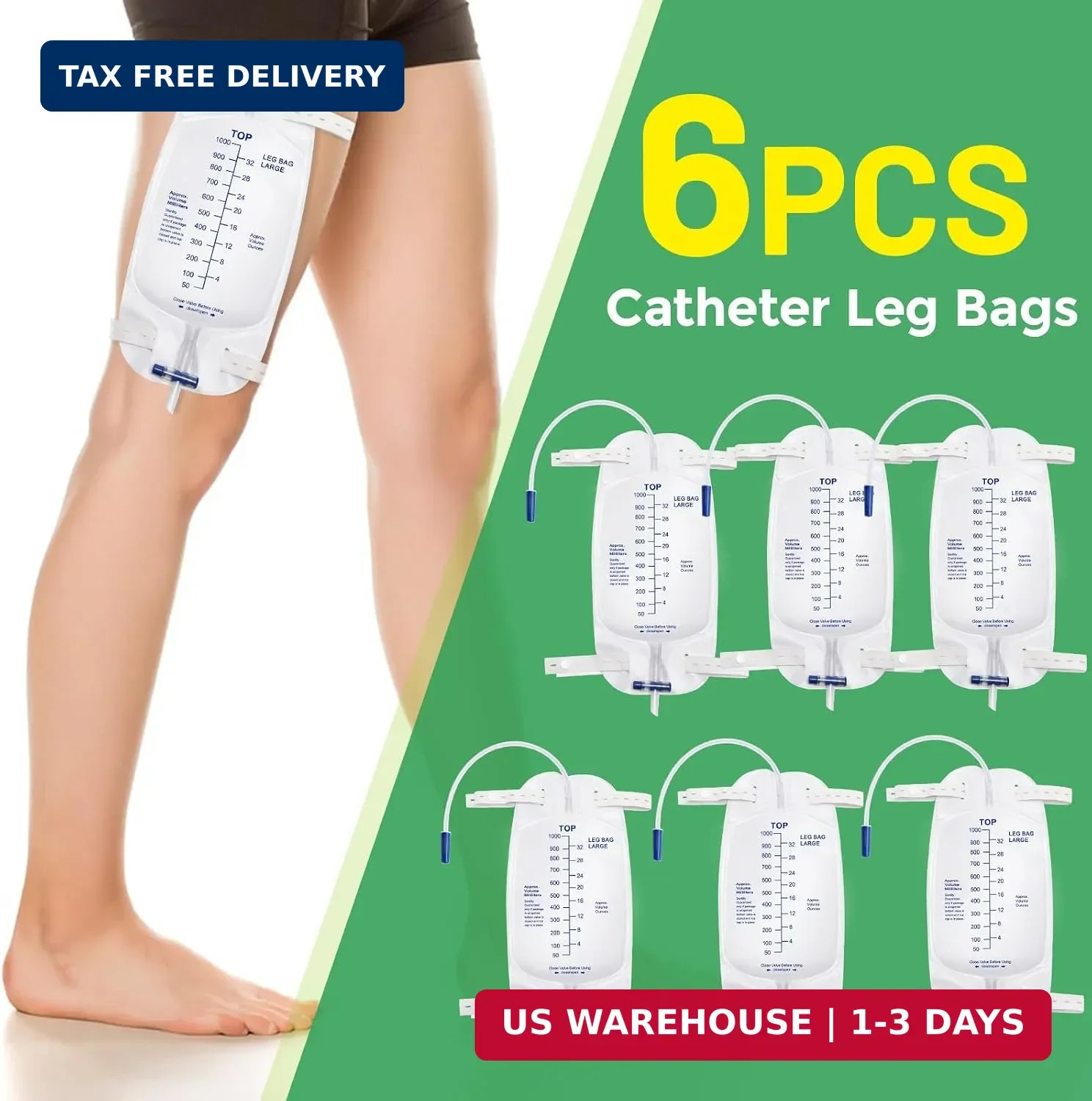 Foley Catheter Leg Bags for Men with 6 Pack, Catheter Bags 1000ml for Men, Urine