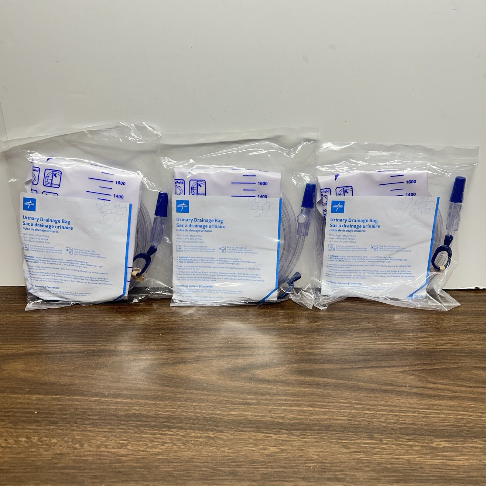 Lot Of 3 Medline 2000 mL Urinary Drainage Bag w/ Anti-Reflux Valve URO53211 New.