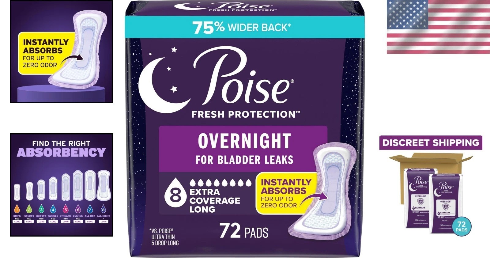 Large Incontinence Pads: 72ct 8 Drop Overnight Protection, Odor Control