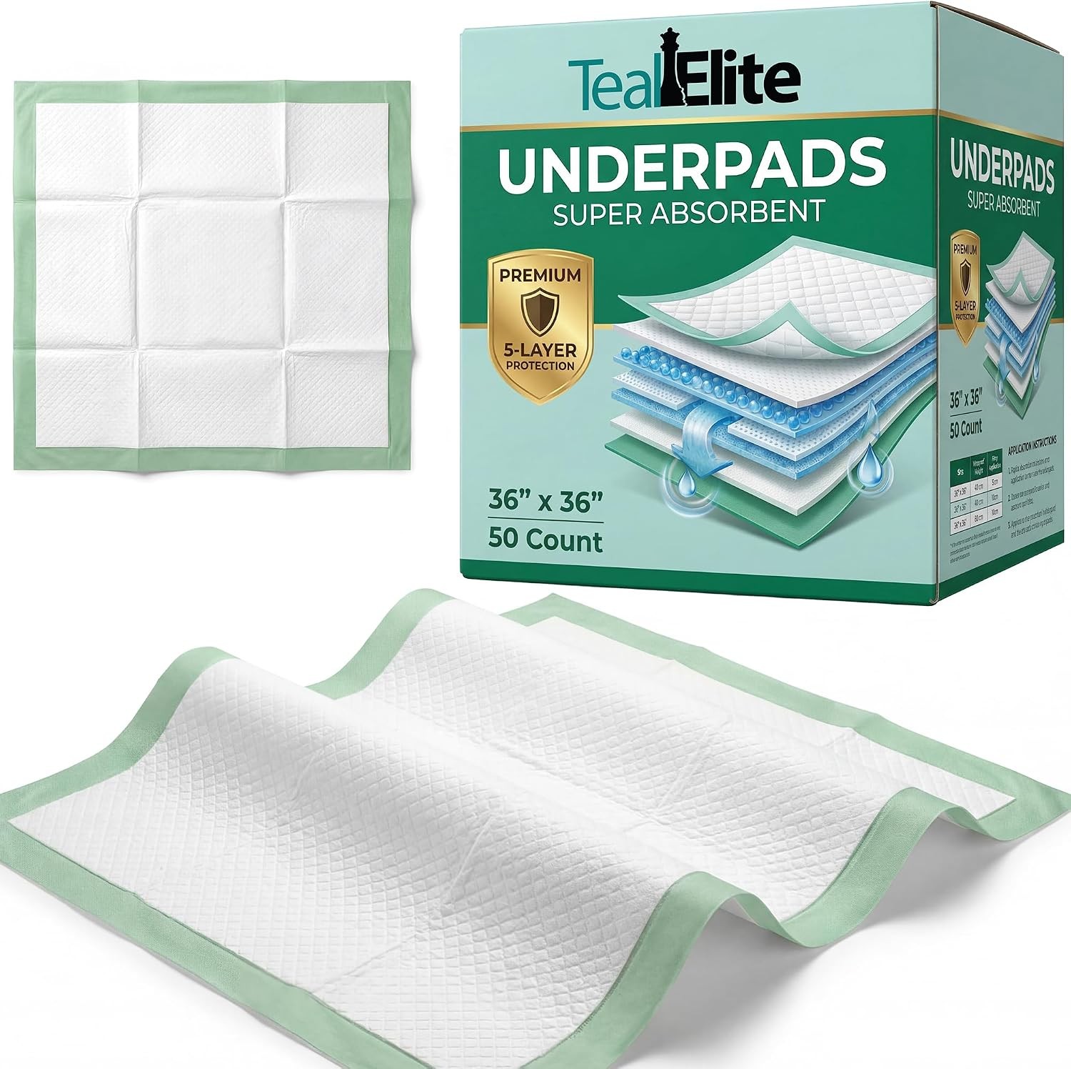 Teal Elite Disposable Chucks Pads 36×36 50 Count Extra Large