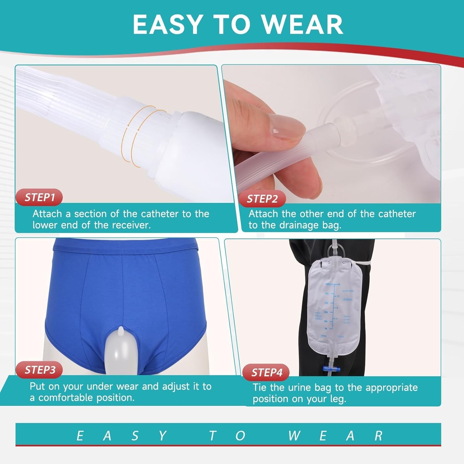 Men’s Wearable Urine Collector:500ml×2 Reusable Leakproof Leg Bags,Portable Cath